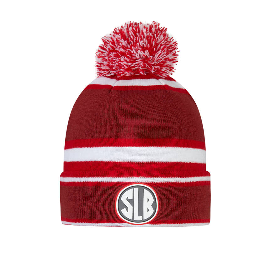 SLB red beanie with a pom pom